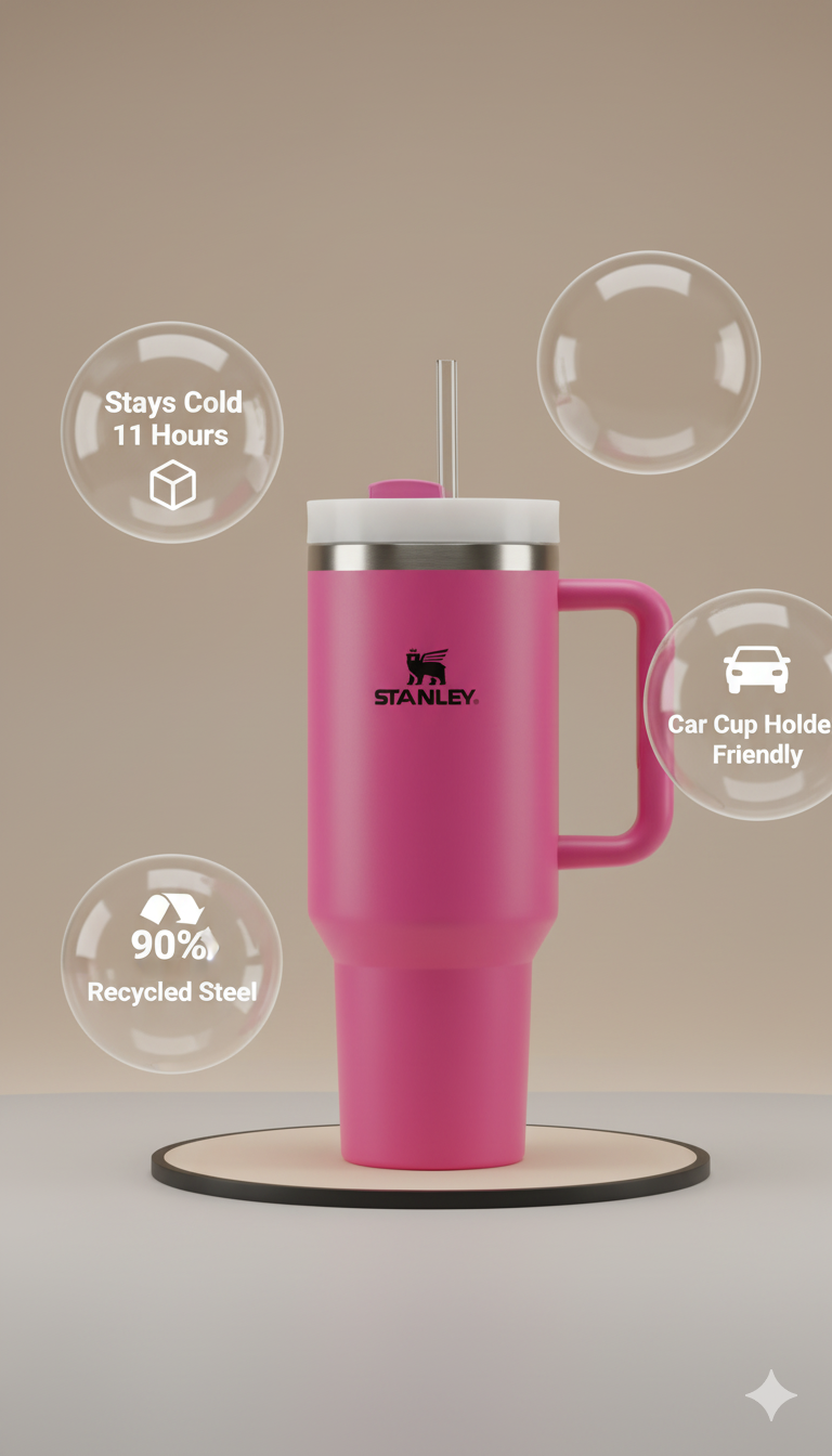 Stanley-Style 40oz Insulated Tumbler – Premium Stainless Steel - Pink