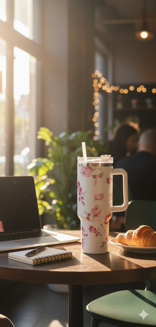 Stanley-Style 40oz Insulated Tumbler – Premium Stainless Steel - White Pink Floral