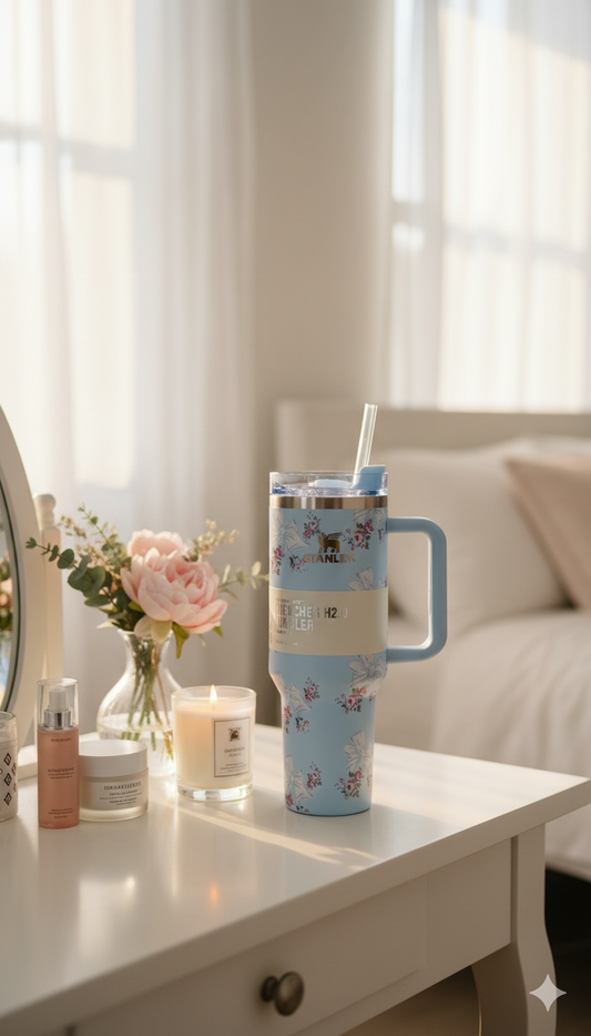 Stanley-Style 40oz Insulated Tumbler – Premium Stainless Steel - Blue Floral