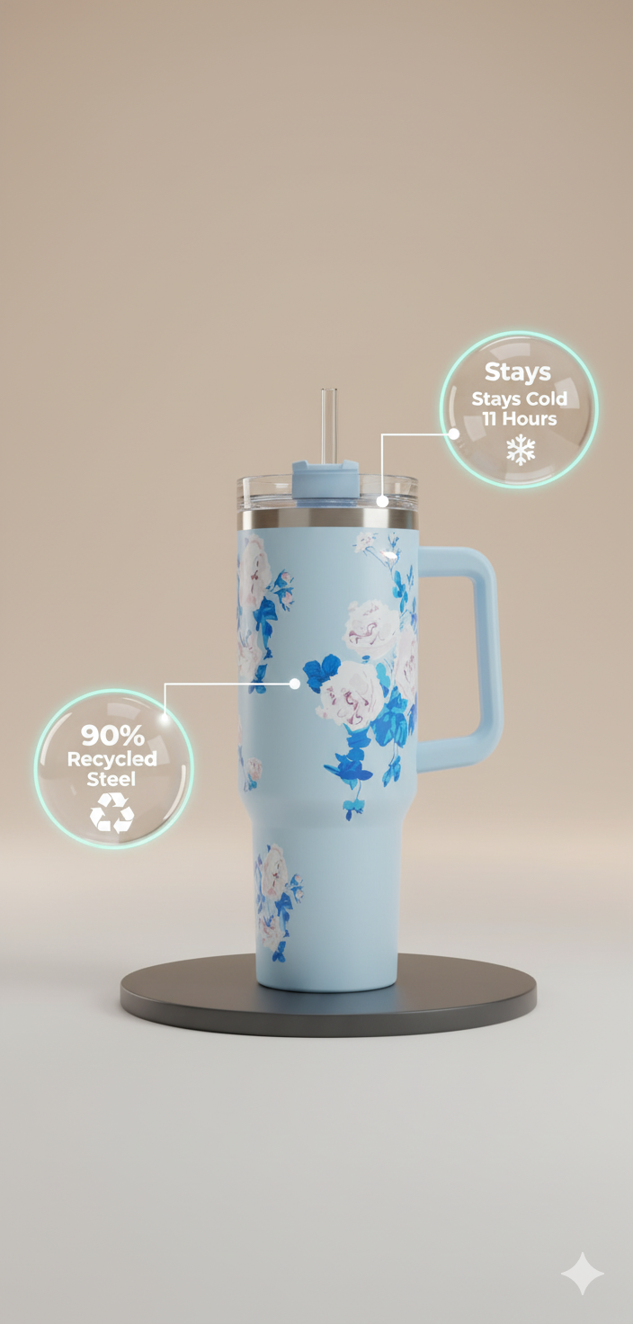 Stanley-Style 40oz Insulated Tumbler – Premium Stainless Steel - Blue Floral
