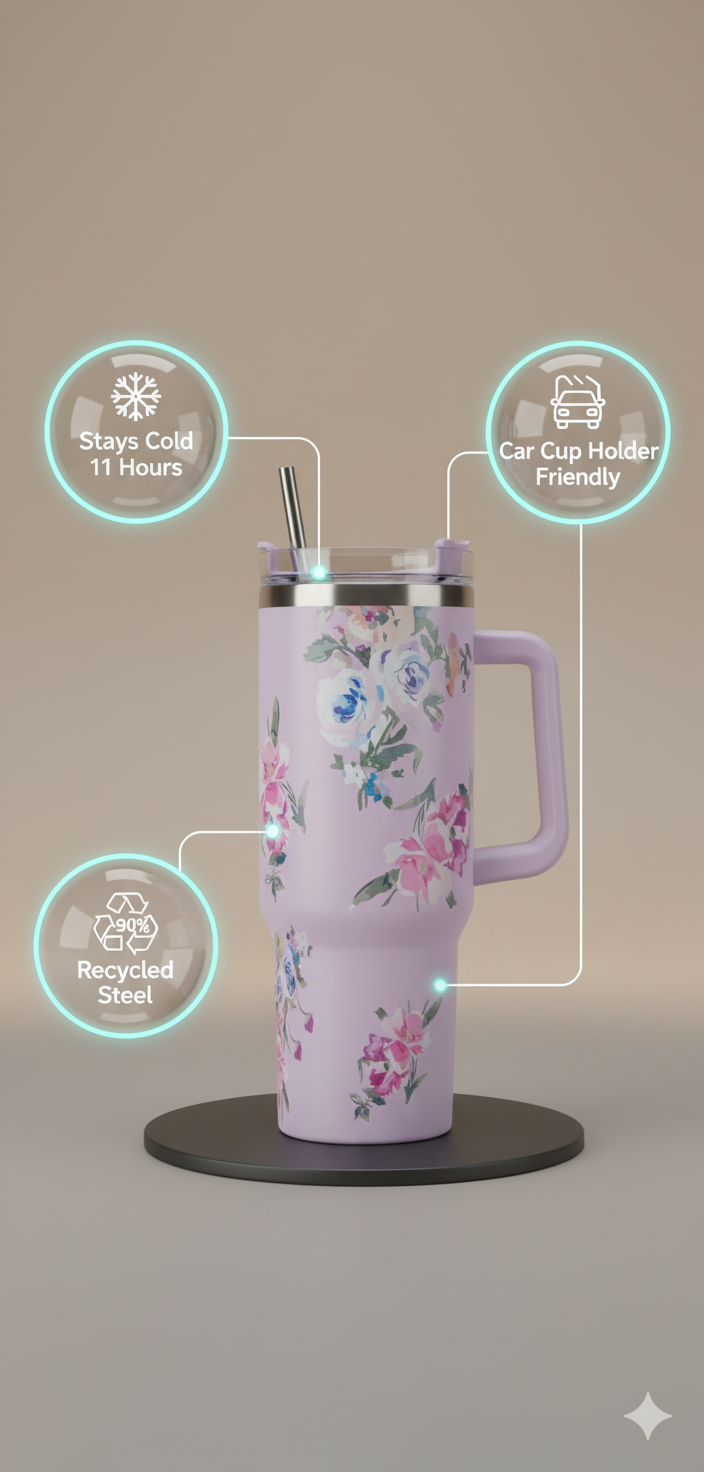 Stanley-Style 40oz Insulated Tumbler – Premium Stainless Steel - Pink Floral