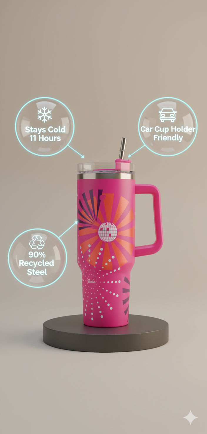 Stanley-Style 40oz Insulated Tumbler – Premium Stainless Steel - Barbie Sprinkle Floral