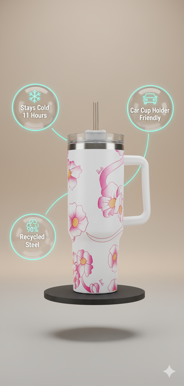 Stanley-Style 40oz Insulated Tumbler – Premium Stainless Steel - Barbie Pink Floral