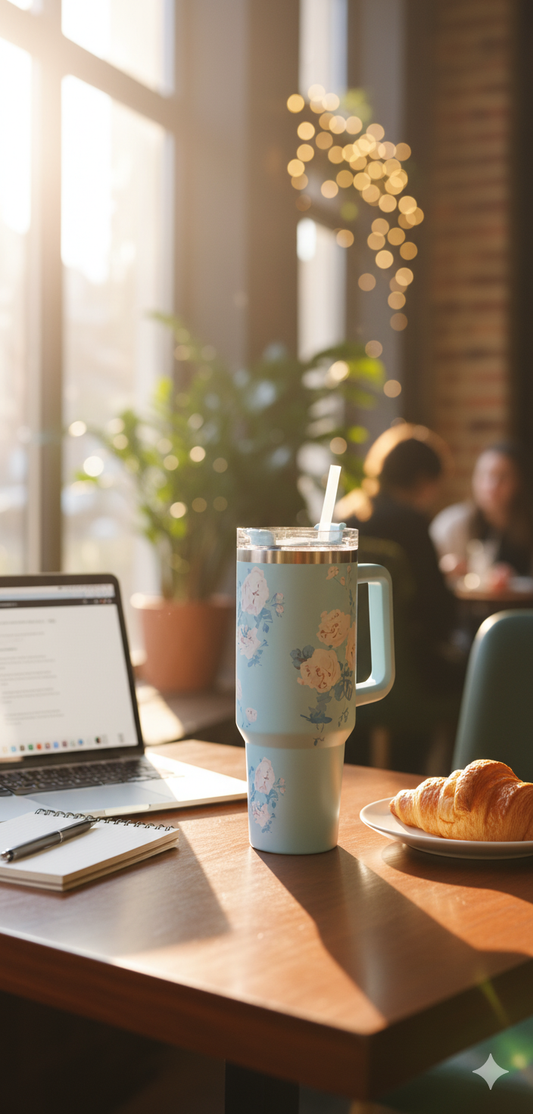 Stanley-Style 40oz Insulated Tumbler – Premium Stainless Steel - Blue Floral
