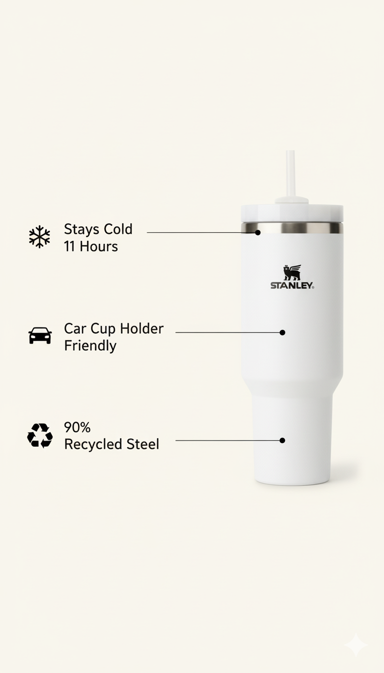 Stanley-Style 40oz Insulated Tumbler – Premium Stainless Steel - White