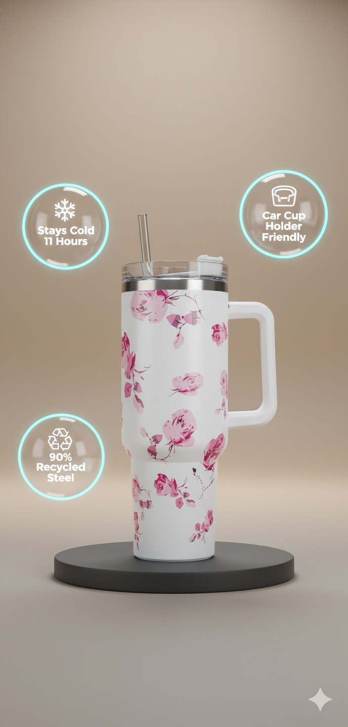 Stanley-Style 40oz Insulated Tumbler – Premium Stainless Steel - White Pink Floral