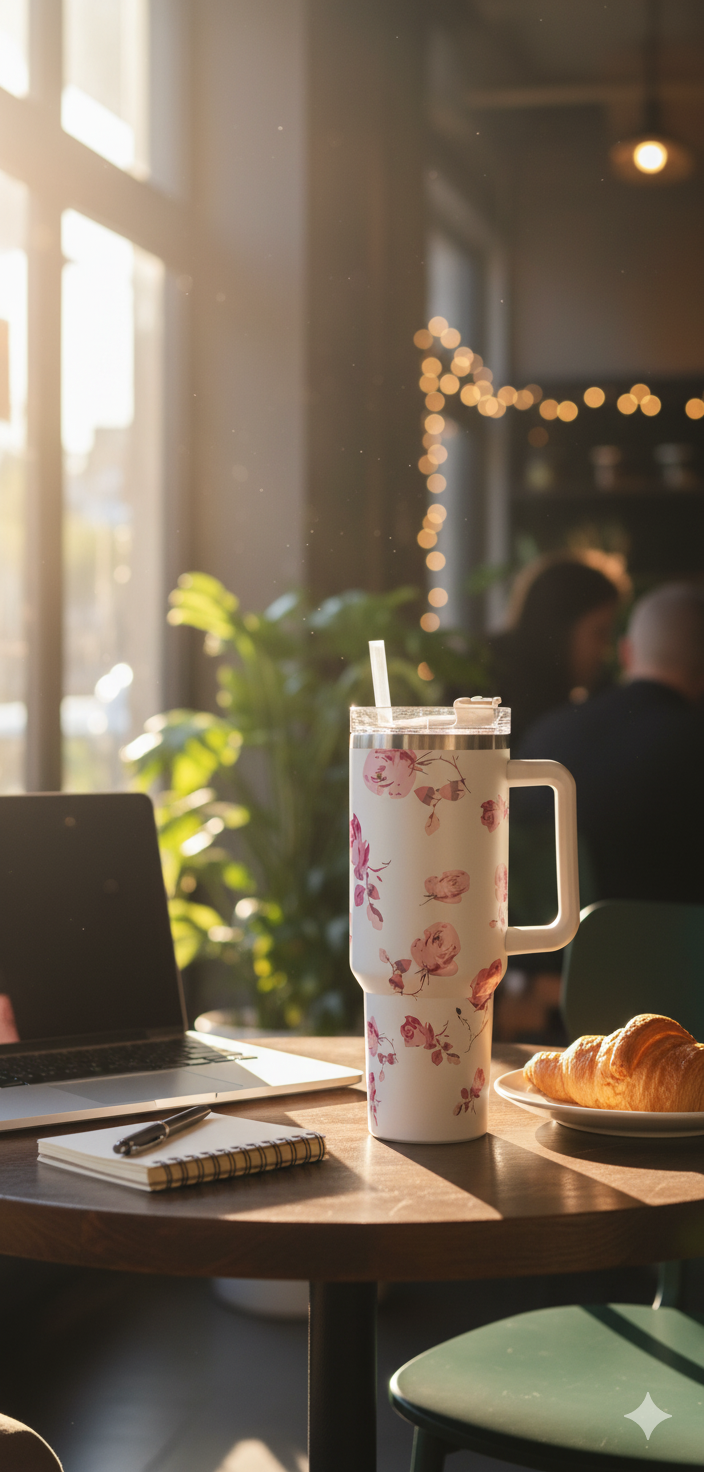 Stanley-Style 40oz Insulated Tumbler – Premium Stainless Steel - White Pink Floral