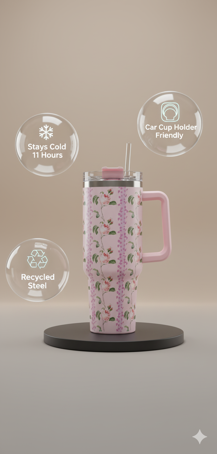 Stanley-Style 40oz Insulated Tumbler – Premium Stainless Steel - Pinkish Floral