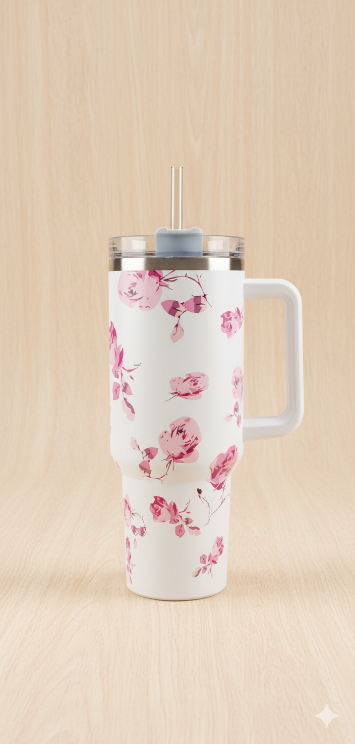 Stanley-Style 40oz Insulated Tumbler – Premium Stainless Steel - White Pink Floral