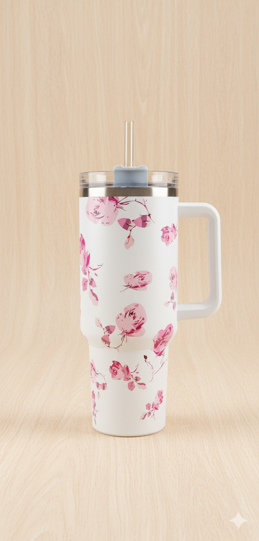 Stanley-Style 40oz Insulated Tumbler – Premium Stainless Steel - White Pink Floral