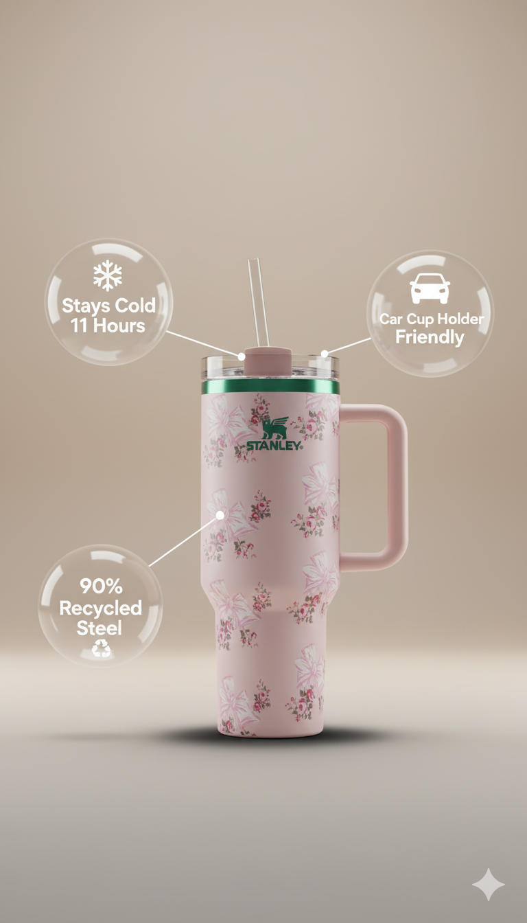 Stanley-Style 40oz Insulated Tumbler – Premium Stainless Steel - Pink Floral