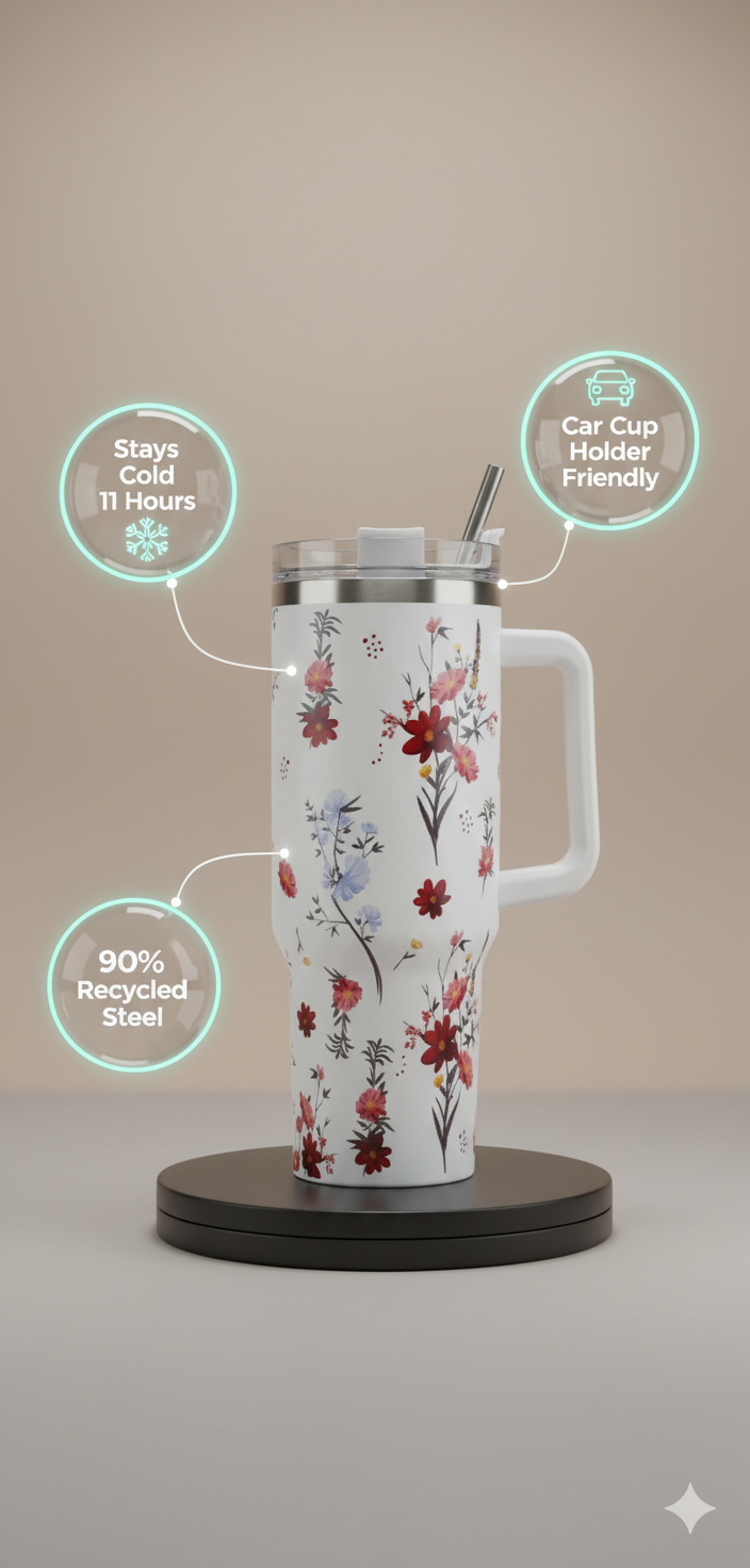 Stanley-Style 40oz Insulated Tumbler – Premium Stainless Steel - Red Floral
