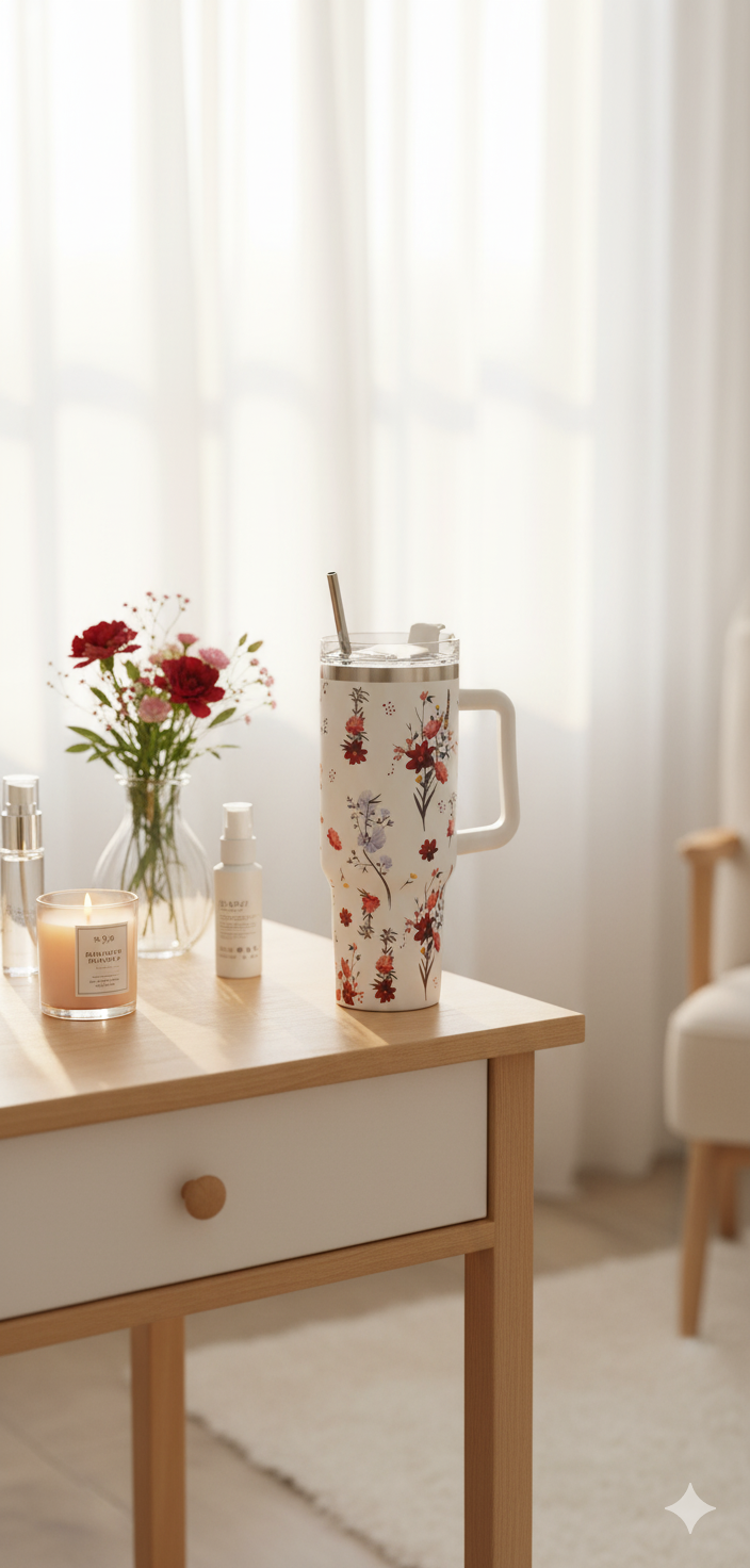 Stanley-Style 40oz Insulated Tumbler – Premium Stainless Steel - Red Floral