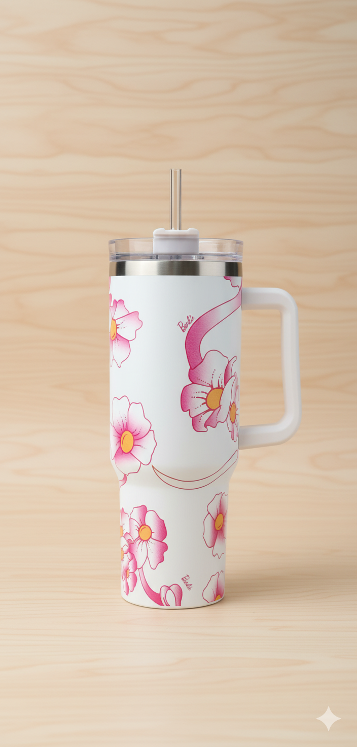 Stanley-Style 40oz Insulated Tumbler – Premium Stainless Steel - Barbie Pink Floral