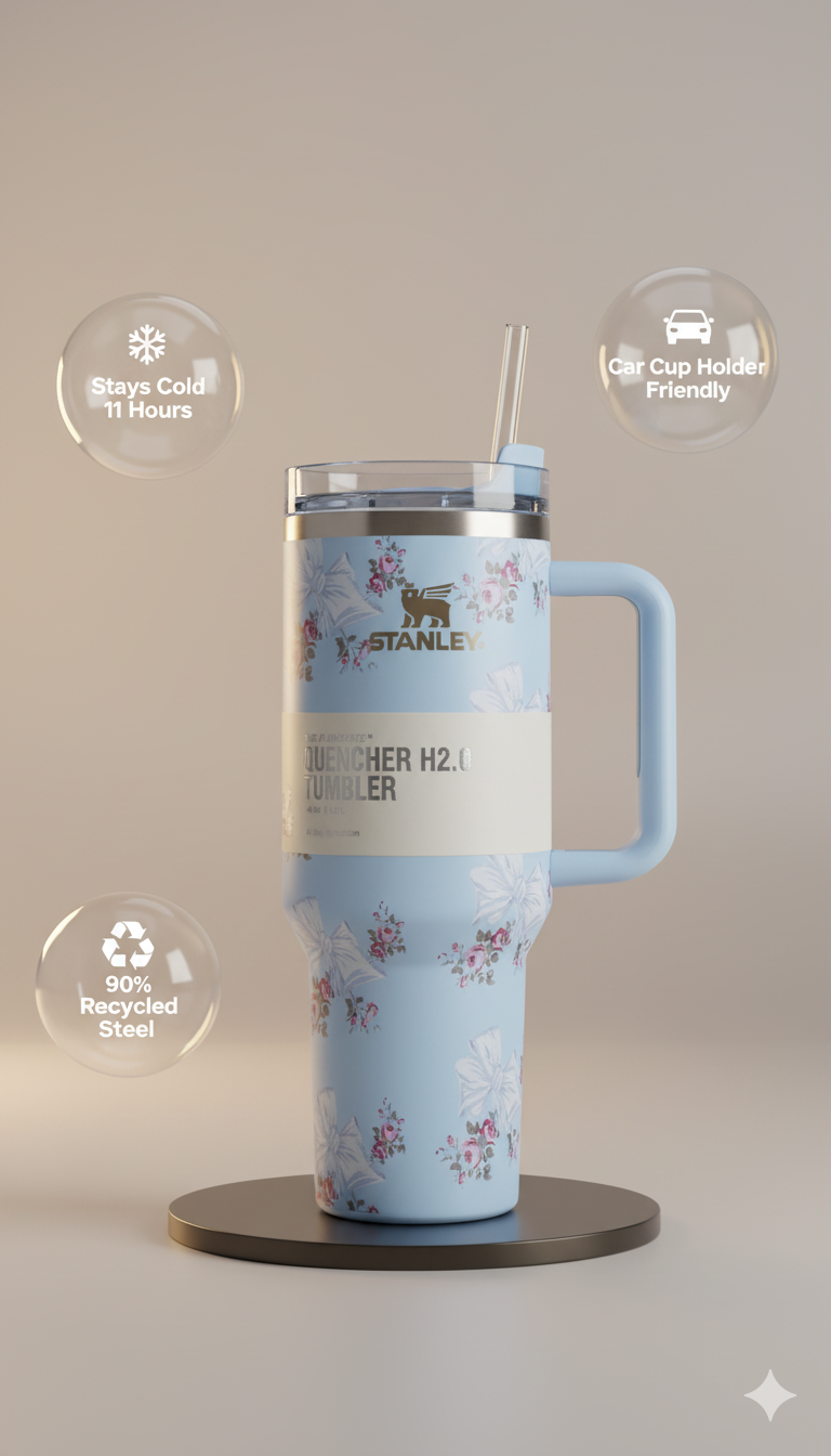 Stanley-Style 40oz Insulated Tumbler – Premium Stainless Steel - Blue Floral