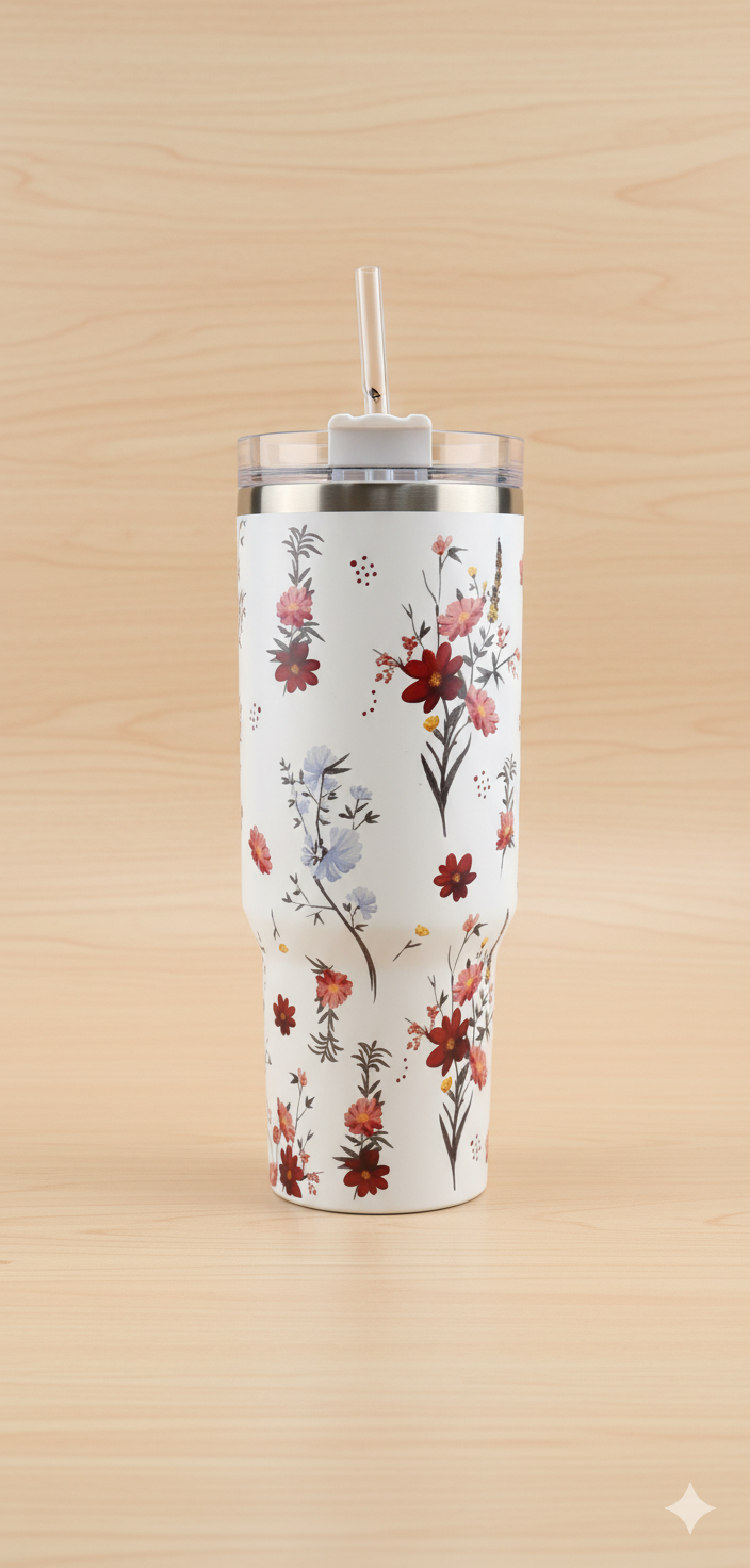 Stanley-Style 40oz Insulated Tumbler – Premium Stainless Steel - Red Floral