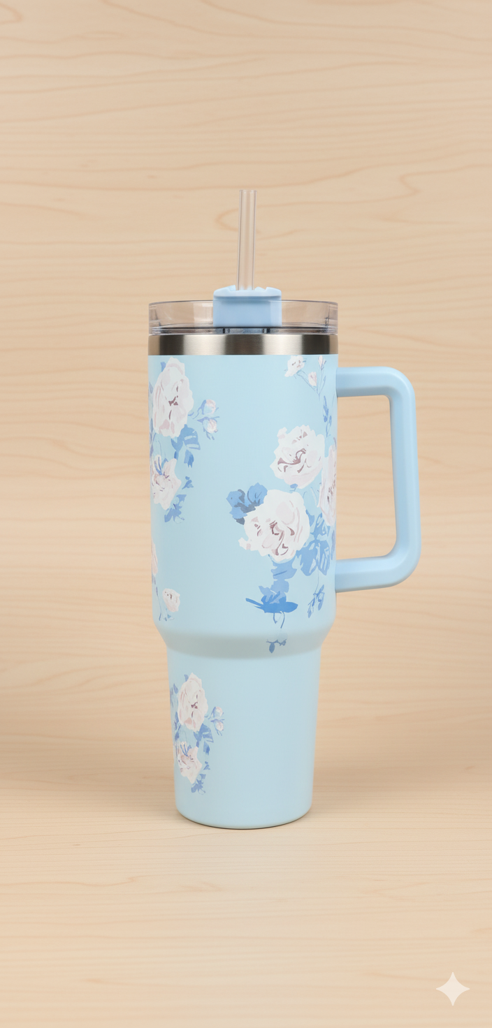 Stanley-Style 40oz Insulated Tumbler – Premium Stainless Steel - Blue Floral