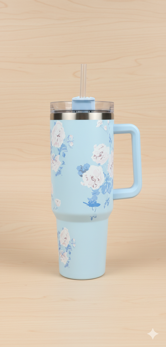Stanley-Style 40oz Insulated Tumbler – Premium Stainless Steel - Blue Floral
